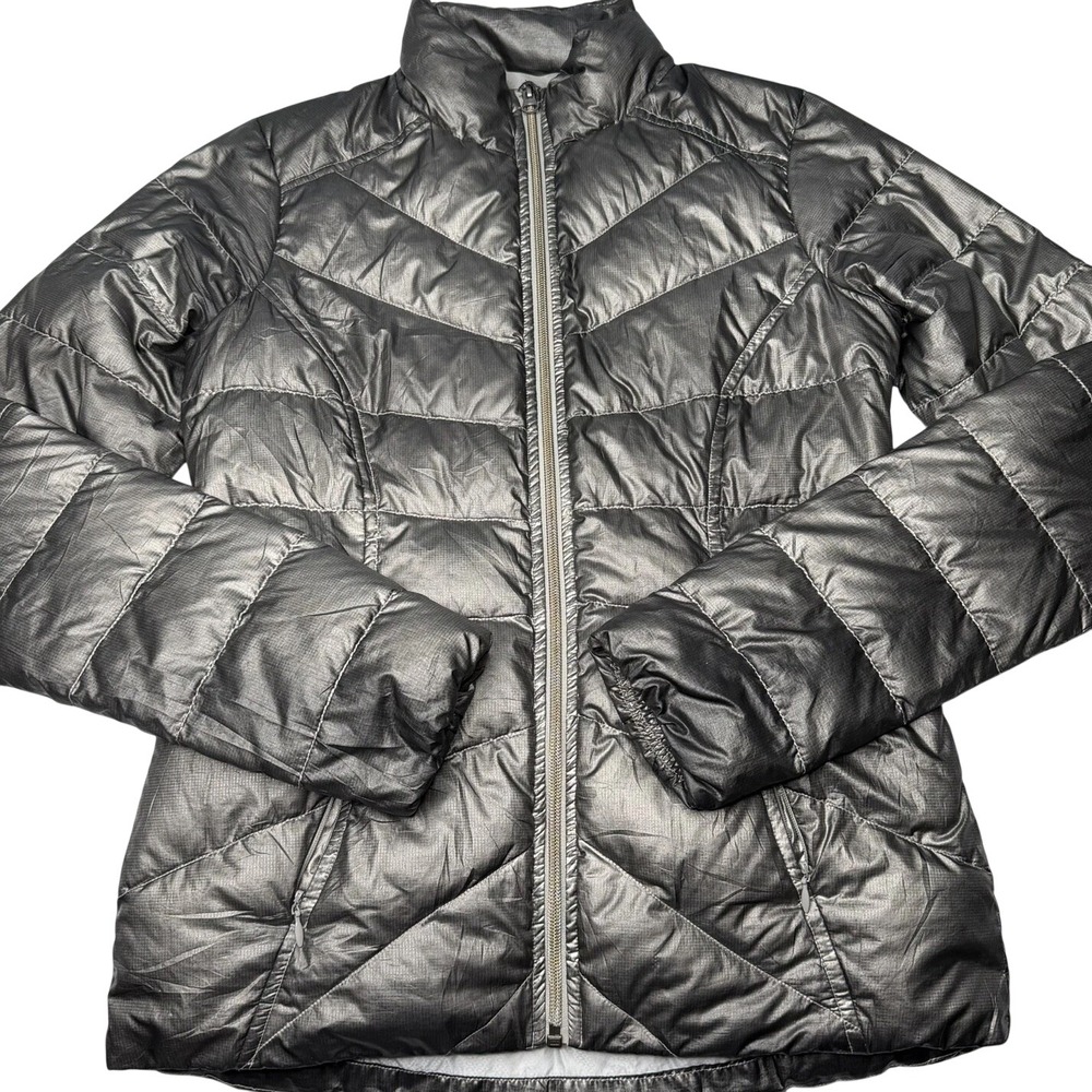Athleta Goose Down Quilted Puffer Jacket Full Zip Packable Silver Gray Women XS